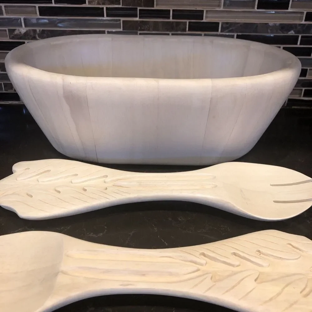 Pottery‎ Barn Medium Wooden Salad Bowl With Carved Tossers Decorative